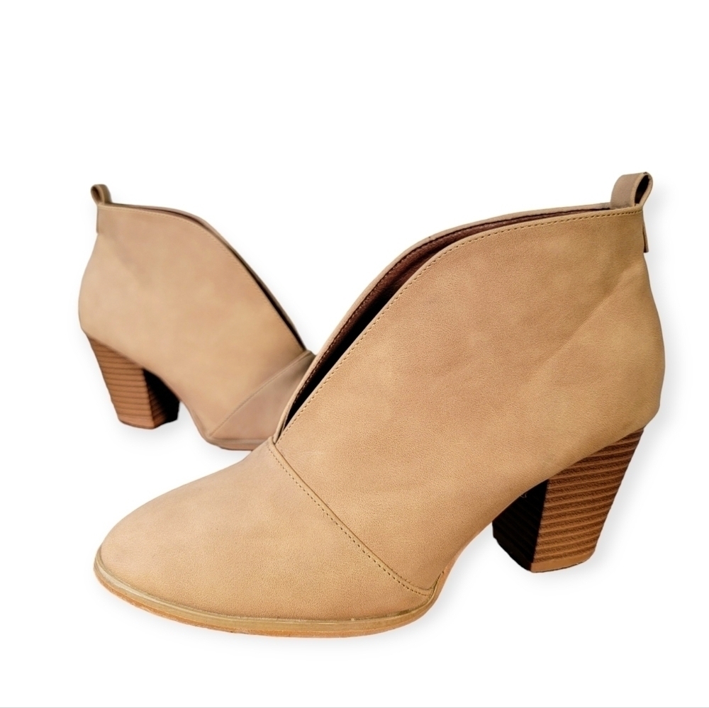 V-Cut Taupe Ankle Booties with Stacked Heel